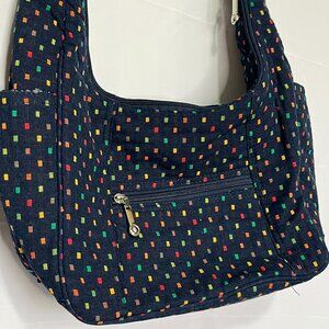 Dark Blue Cotton Hobo Crescent-Shaped Shoulder Bag purse Colorful Square Pattern
